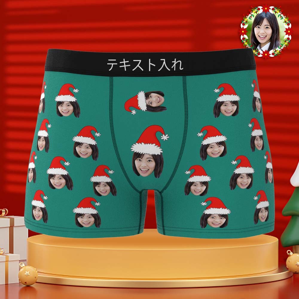 カスタムフォトボクサーパンツ-写真入れ可能なオリジナルクリスマス顔下着ショーツギフト-おもしろサンタ帽子柄