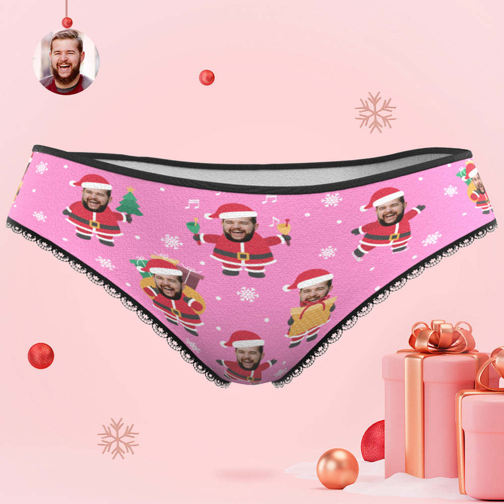 カスタムフォトパンティー-写真入れ可能なサンタクロース柄のクリスマスピンクの女性用パンティーショーツギフト