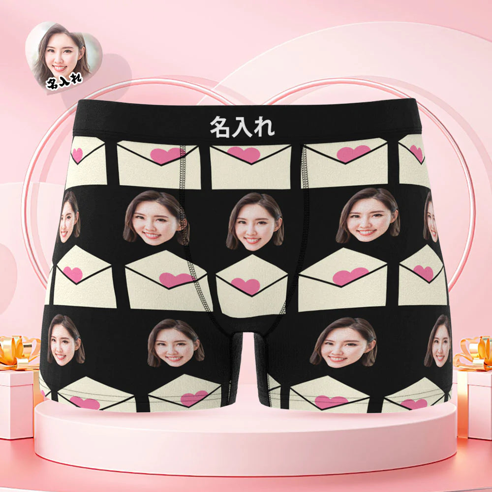 カスタムフォトボクサーパンツ-写真入れ可能なオリジナルバレンタイン顔下着ショーツギフト-ラブレタ柄