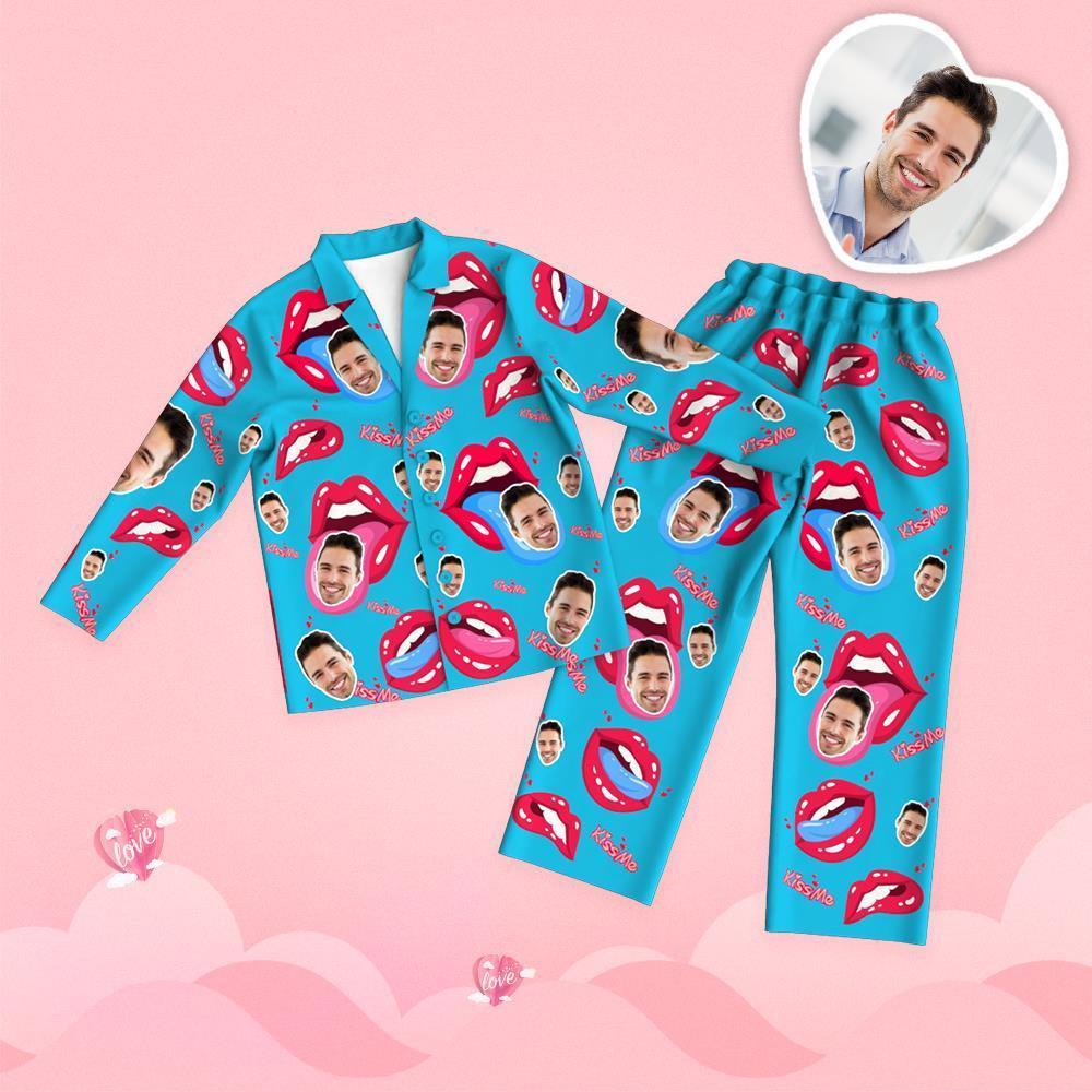 Valentine's Day Custom Face Tongue Kiss Printed Long Sleeve Pajamas Set