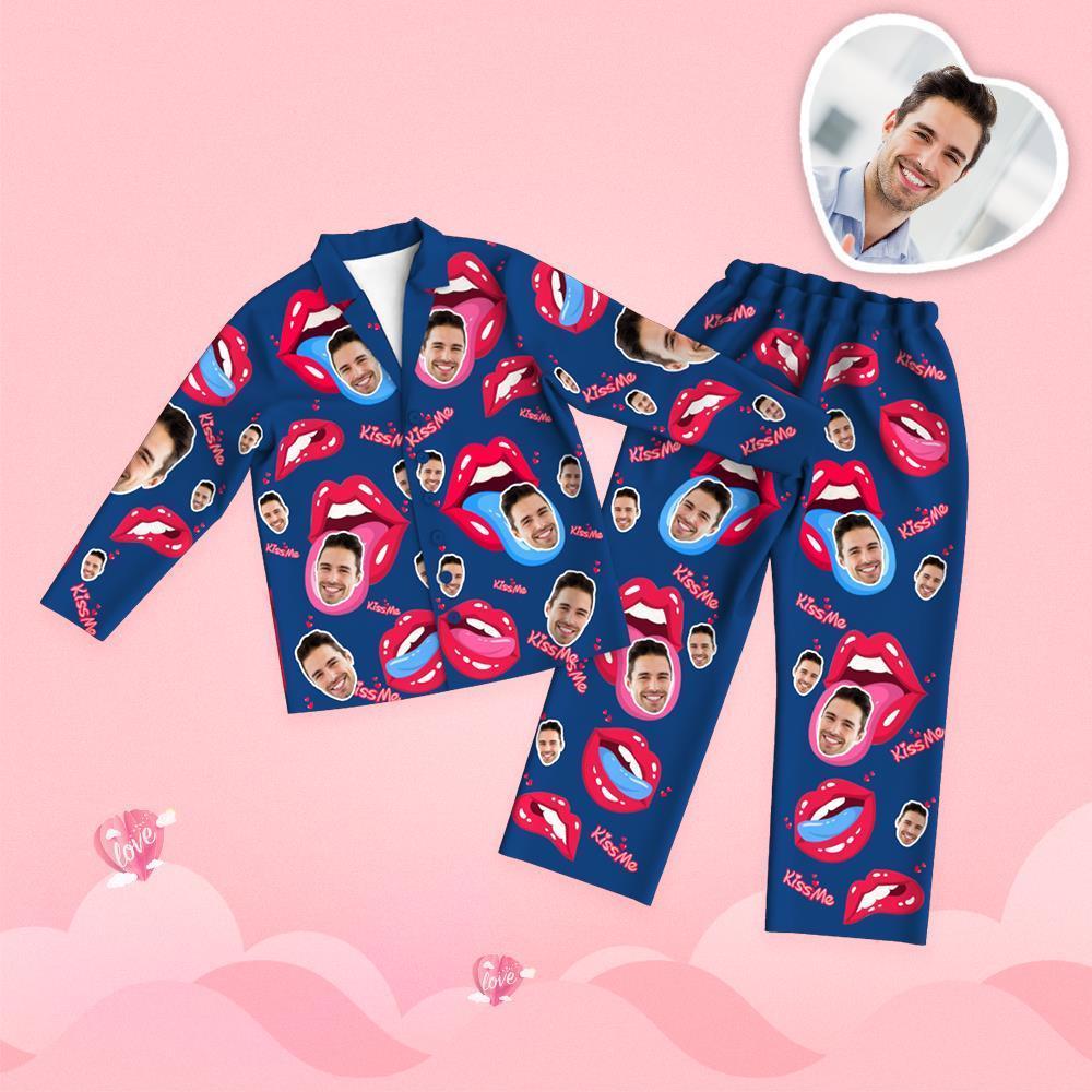 Valentine's Day Custom Face Tongue Kiss Printed Long Sleeve Pajamas Set