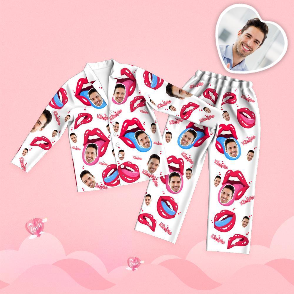 Valentine's Day Custom Face Tongue Kiss Printed Long Sleeve Pajamas