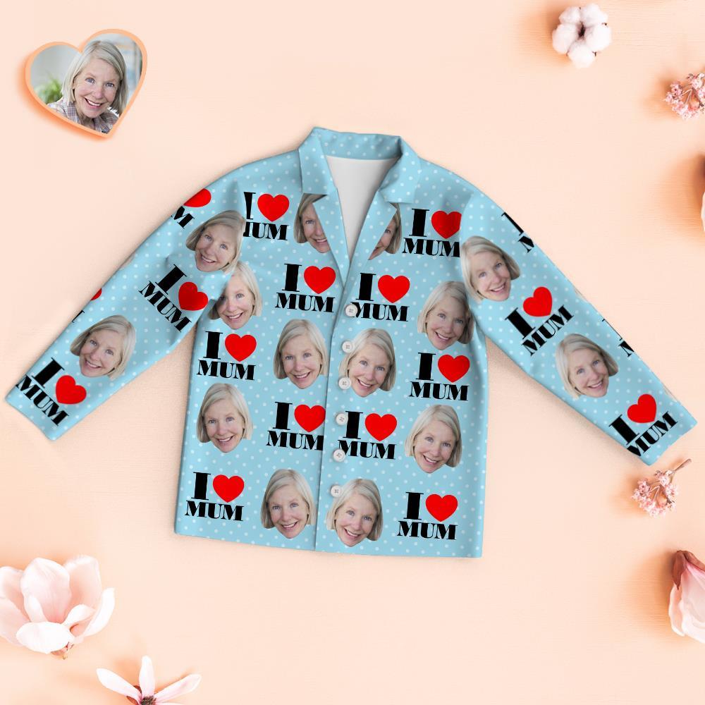 Custom Face Pajamas I Love Mum Personalized Photo Blue Pajamas Set Mother's Day Gifts