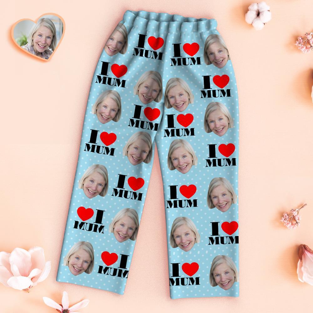 Custom Face Pajamas I Love Mum Personalized Photo Blue Pajamas Set Mother's Day Gifts