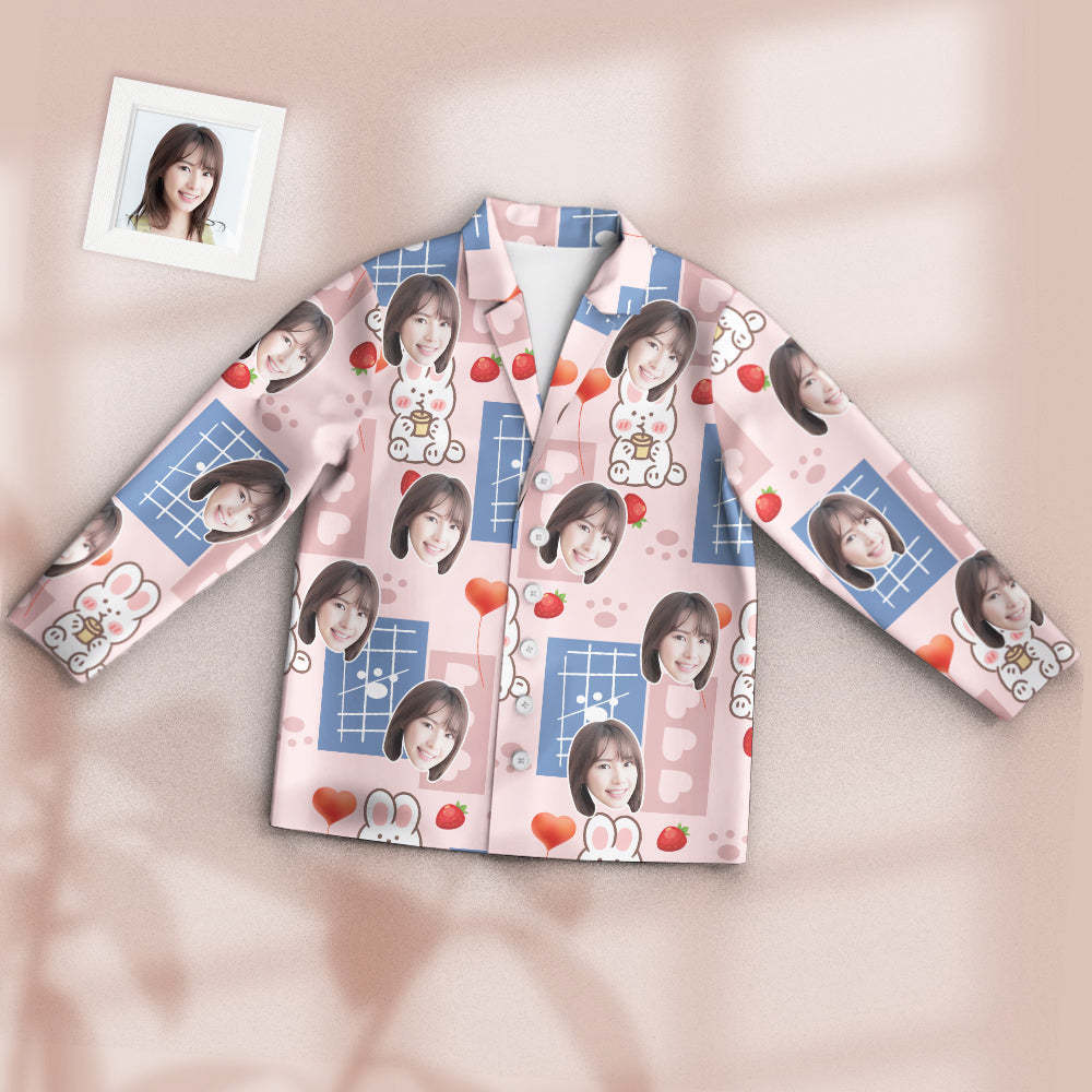カスタムフォトパジャマ-写真入れ可能なオリジナル超可愛いイチゴうさぎ柄のパジャマプレゼント彼女への素敵なギフト