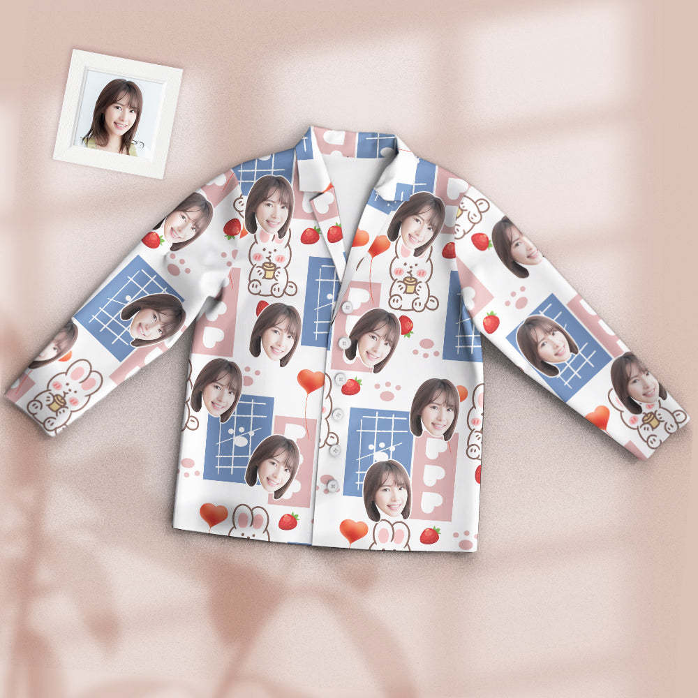 カスタムフォトパジャマ-写真入れ可能なオリジナル超可愛いイチゴうさぎ柄のパジャマプレゼント彼女への素敵なギフト