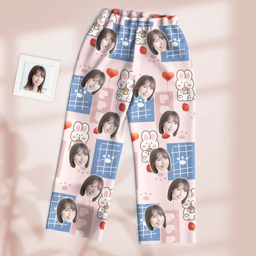 カスタムフォトパジャマ-写真入れ可能なオリジナル超可愛いイチゴうさぎ柄のパジャマプレゼント彼女への素敵なギフト