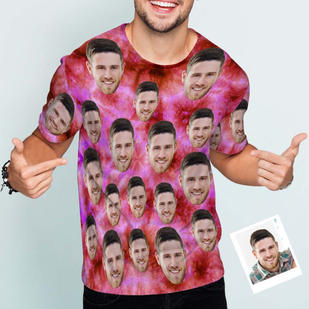 オーダーメイド男性用顔Tシャツ-顔の写真入れ可能な面白い絞り染めTシャツ-ピンク