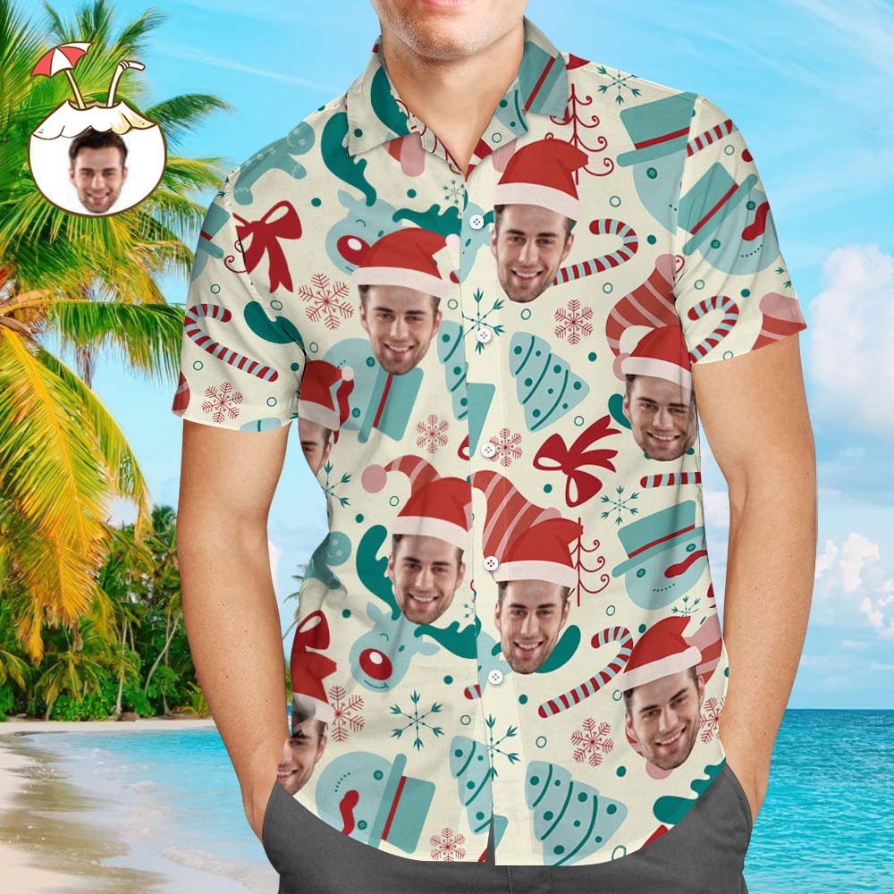 カスタムフォトアロハシャツ－写真入り可能なオリジナルクリスマスアロハシャツ-サンタ帽子