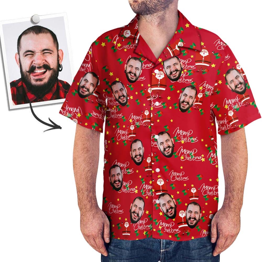 カスタムフォトアロハシャツ－写真入り可能なオリジナルクリスマスアロハシャツ-かわいいサンタクロース