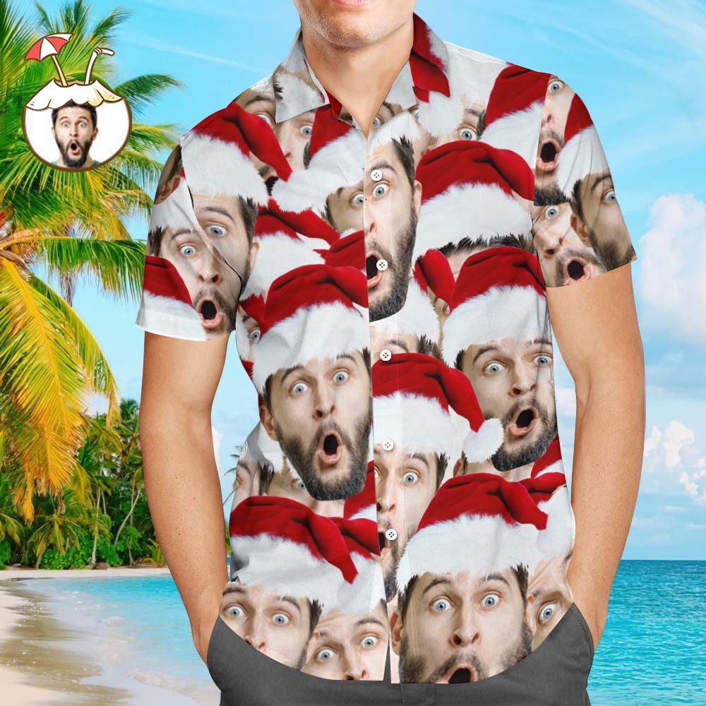 カスタムフォトアロハシャツ－写真入り可能なオリジナルクリスマスアロハシャツ-サンタクロース顔だらけ