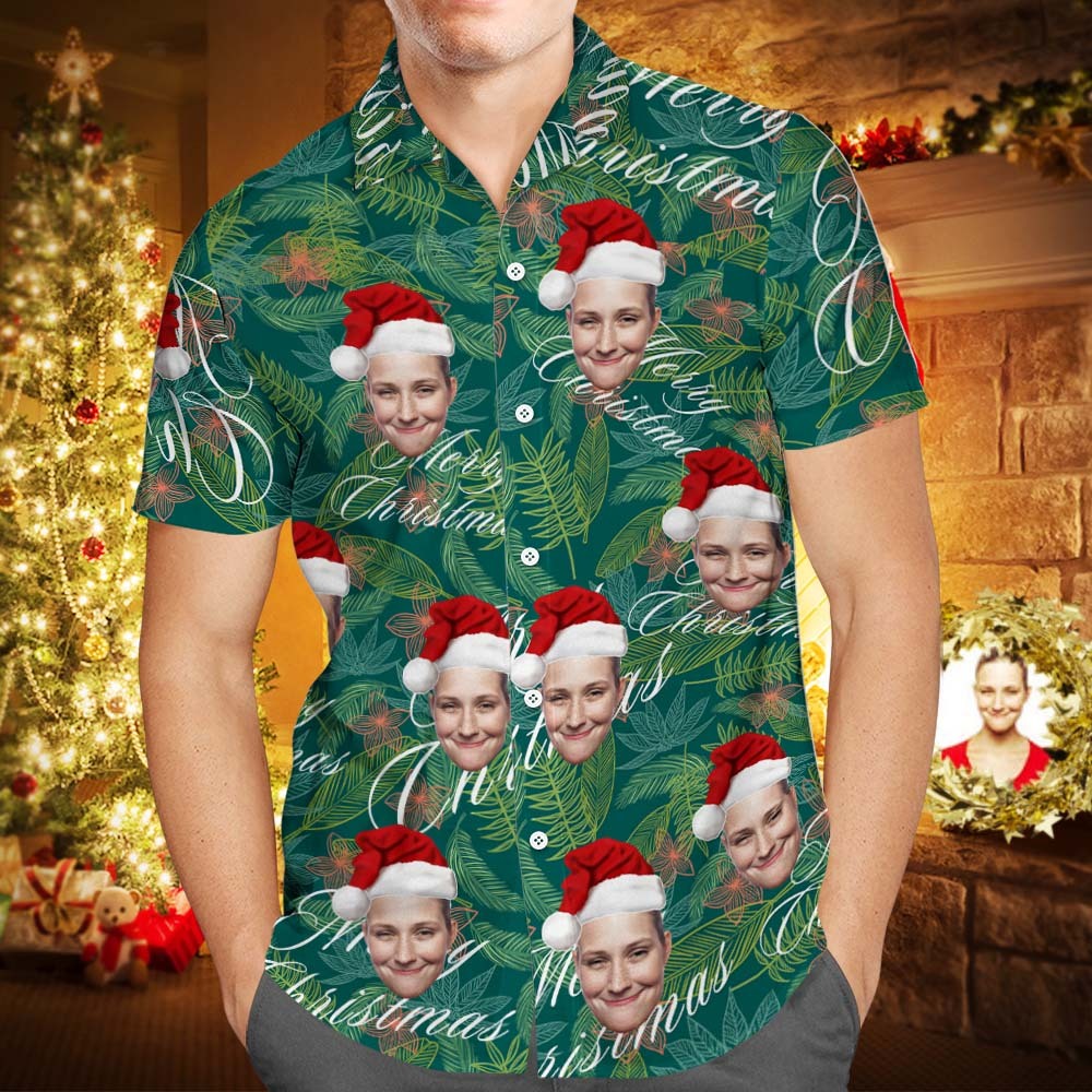 カスタムフォトアロハシャツ－写真入り可能なオリジナルクリスマスアロハシャツ-葉柄