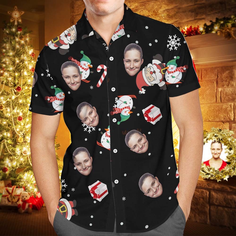 カスタムフォトアロハシャツ-写真入り可能なオリジナルクリスマスアロハシャツ-雪だるまのプレゼント