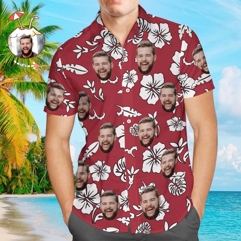 Custom Face Red Hawaiian Shirt Flowers And Leaves - MyfacesocksJP