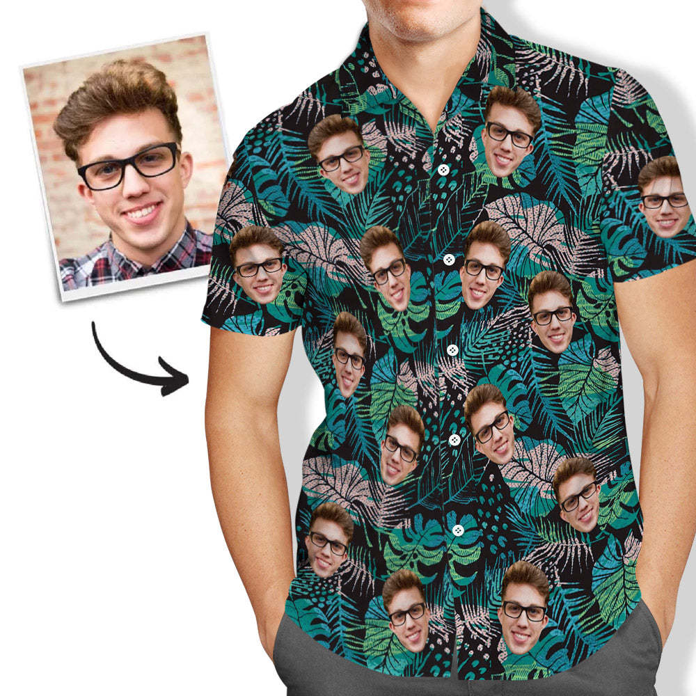 Custom Face Hawaiian Shirt Men's All Over Print Large Leaves Short Sleeve Shirt - faceboxeruk