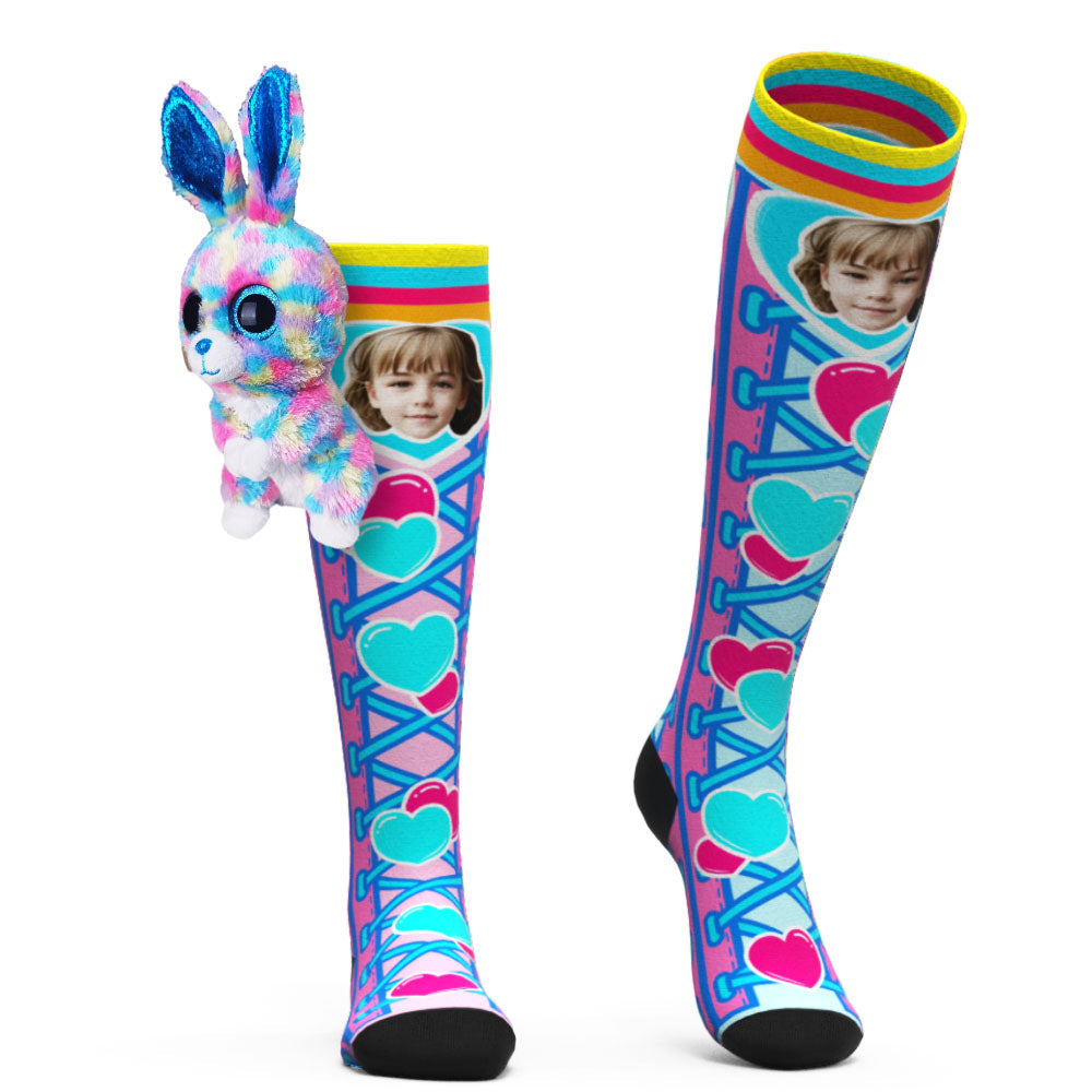 カスタム可愛い写真靴下-ニーハイフェイスソックスウサギ人形の青いハート柄の靴下