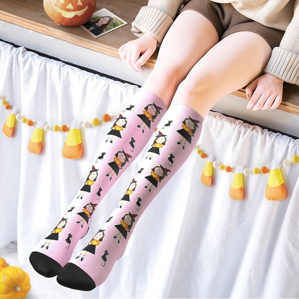 カスタムフェイスソックス-写真入り可能なオリジナルハイソックス靴下-魔女と猫柄のハロウィンプレゼント
