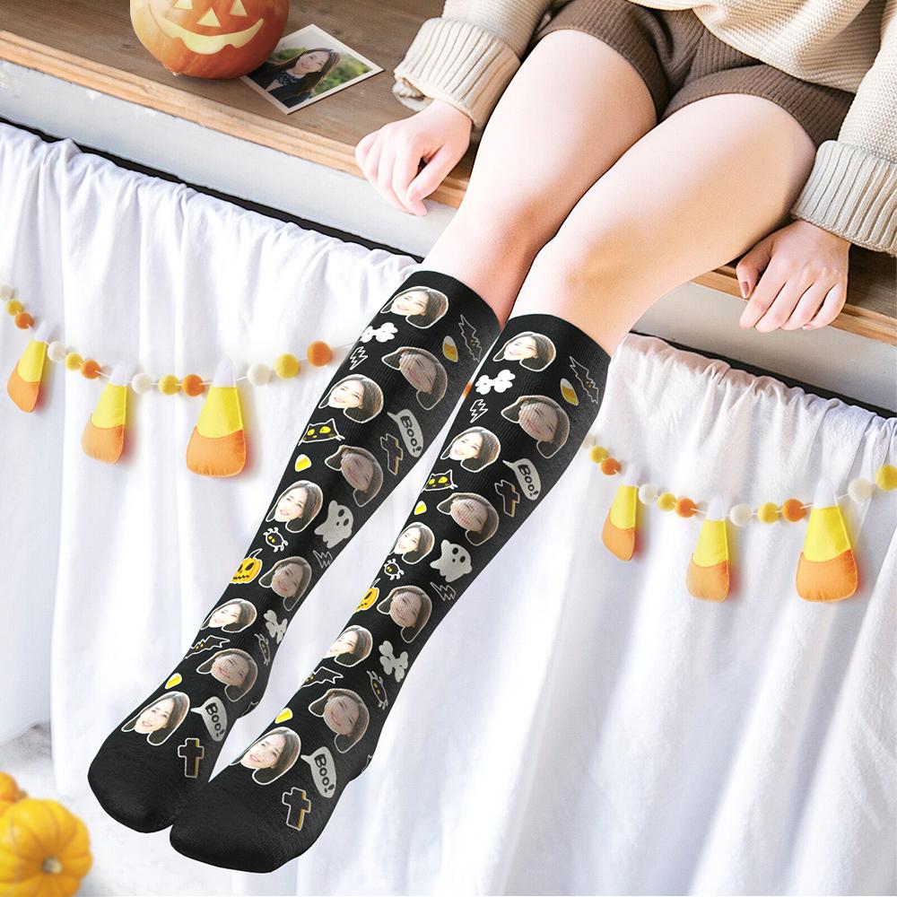 カスタムフェイスソックス-写真入り可能なオリジナルハイソックス靴下-カボチャとコウモリ柄のハロウィンプレゼント