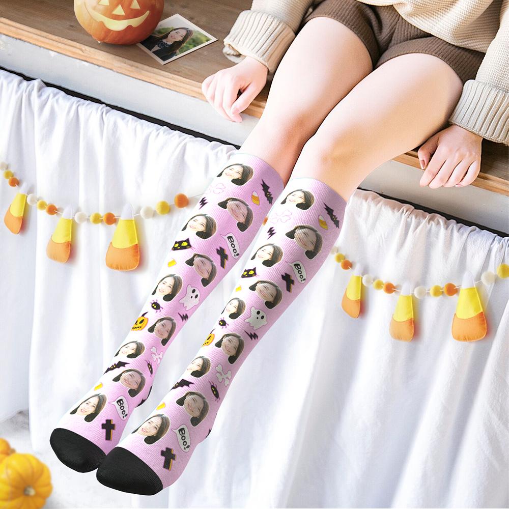 カスタムフェイスソックス-写真入り可能なオリジナルハイソックス靴下-カボチャとコウモリ柄のハロウィンプレゼント