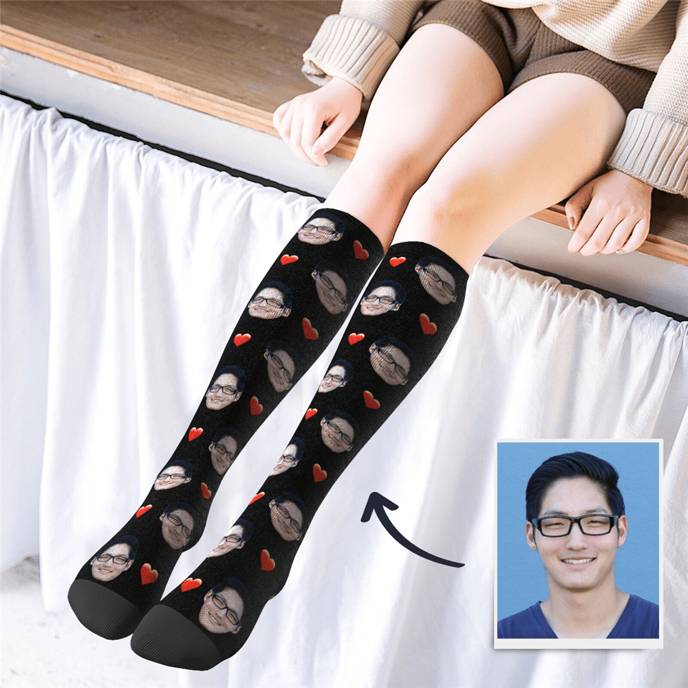 カスタムハイソックスソックス-写真入り可能なオリジナル靴下オーバーニソックスハートマーク