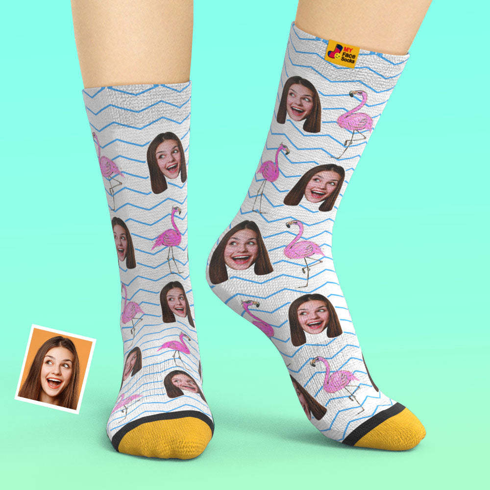 カスタム3Dデジタル印刷ソックス-写真入れ可能な靴下-フラミンゴ青ジグザグ