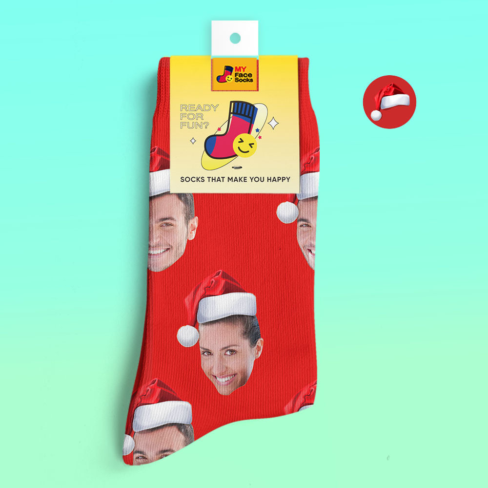 カスタム3Dデジタル印刷ソックス-写真や名入れ可能な靴下-サンタ帽子クリスマスギフト