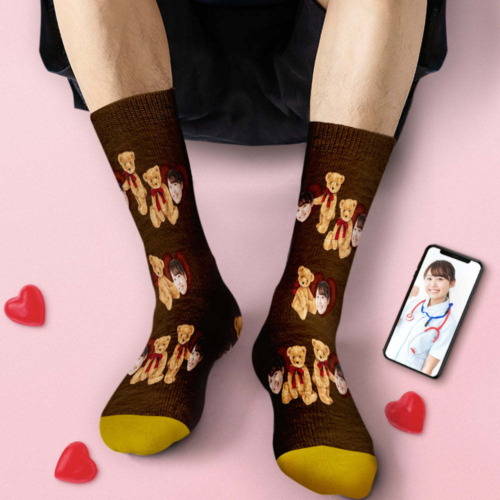 カスタム3Dデジタル印刷ソックス-写真と名入れ可能な靴下プレゼント-チョコレートハートこぐま柄