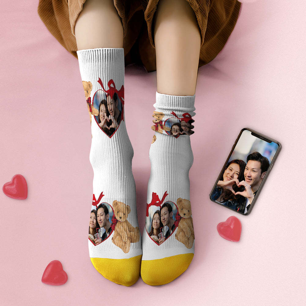カスタム3Dデジタル印刷ソックス-写真と名入れ可能な靴下プレゼント-リボンのこぐま柄