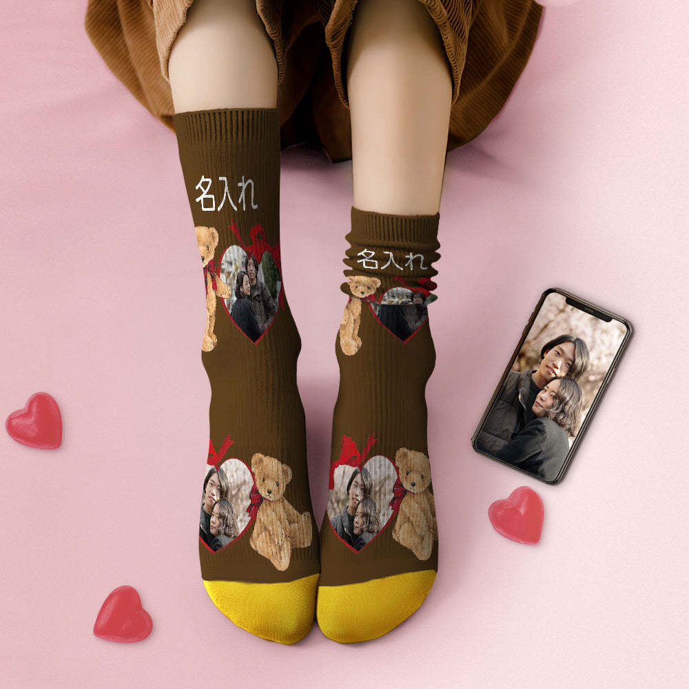 カスタム3Dデジタル印刷ソックス-写真と名入れ可能な靴下プレゼント-リボンのこぐま柄
