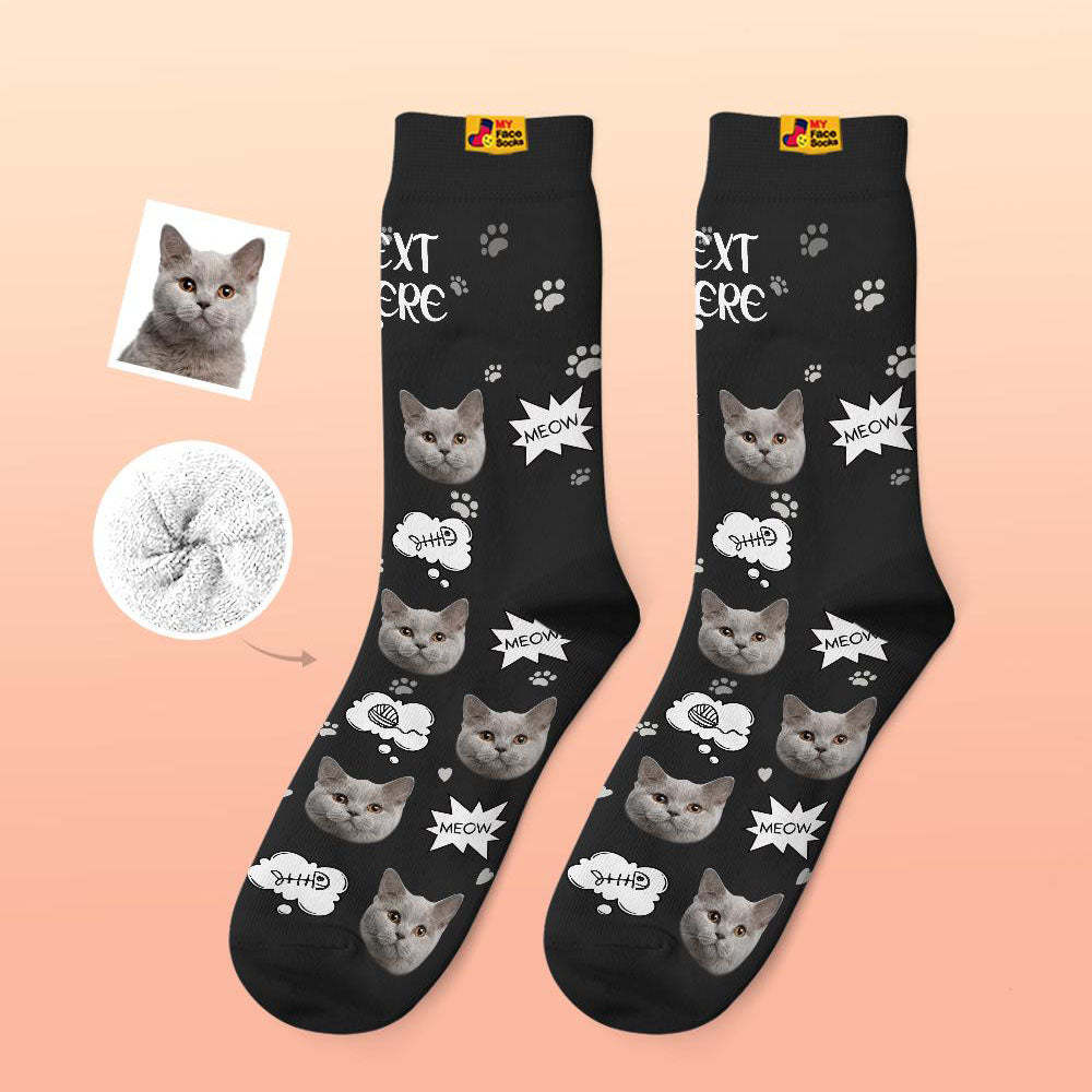 カスタム厚手フェイスソックス-ペット写真入り可能なオリジナル秋冬暖かい靴下子猫柄