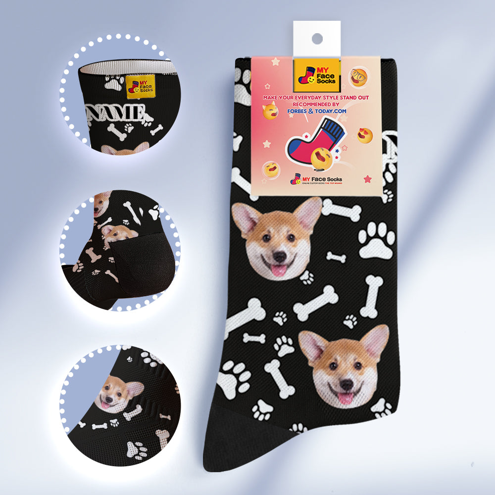 カスタム通気性フェイスソックス - 写真とテキスト入れ可能なオリジナル靴下犬 - 黒
