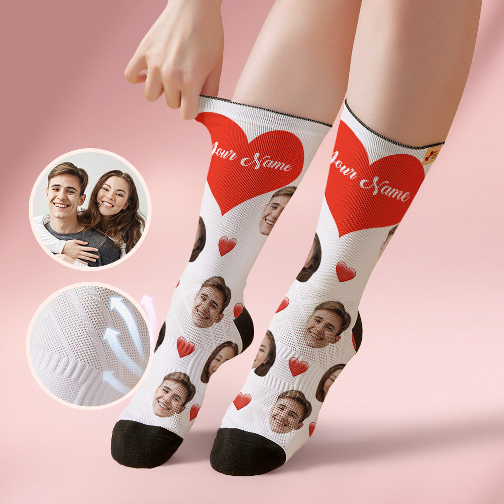 カスタム通気性フェイスソックス - 写真とテキスト入れ可能なオリジナル靴下 - ホワイトハートだらけホワイト