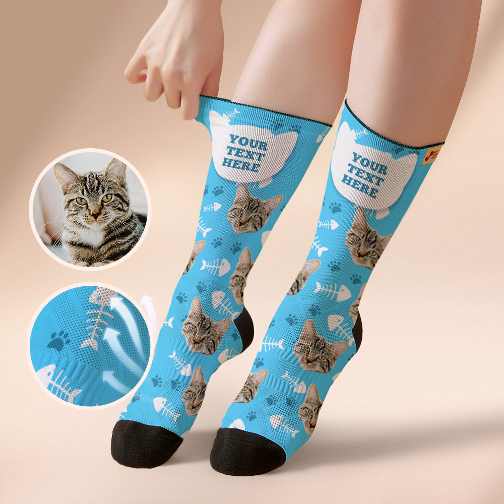 カスタム通気性フェイスソックス - 写真とテキスト入れ可能なオリジナル靴下ネコ - ブルー