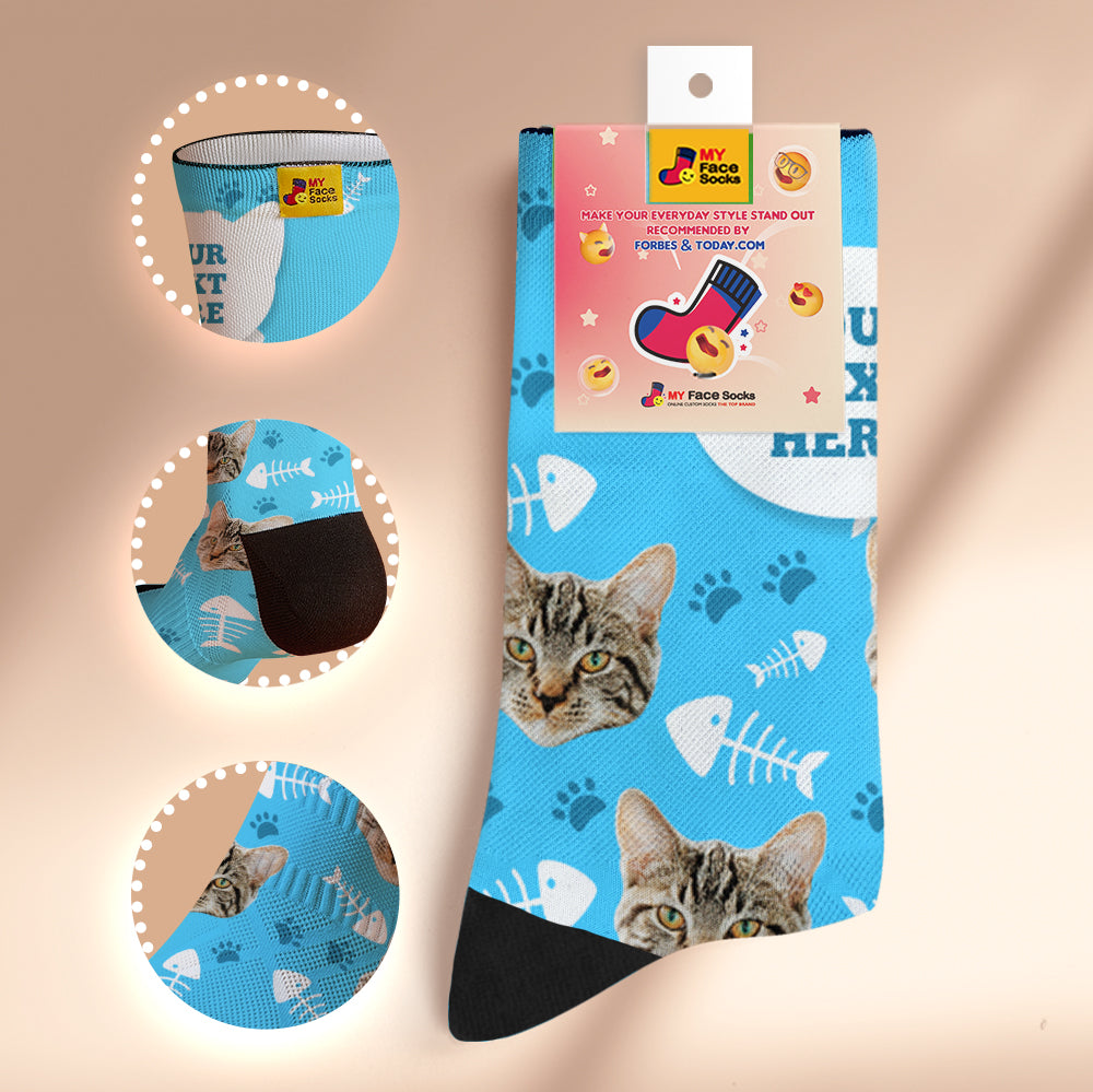カスタム通気性フェイスソックス - 写真とテキスト入れ可能なオリジナル靴下ネコ - ブルー