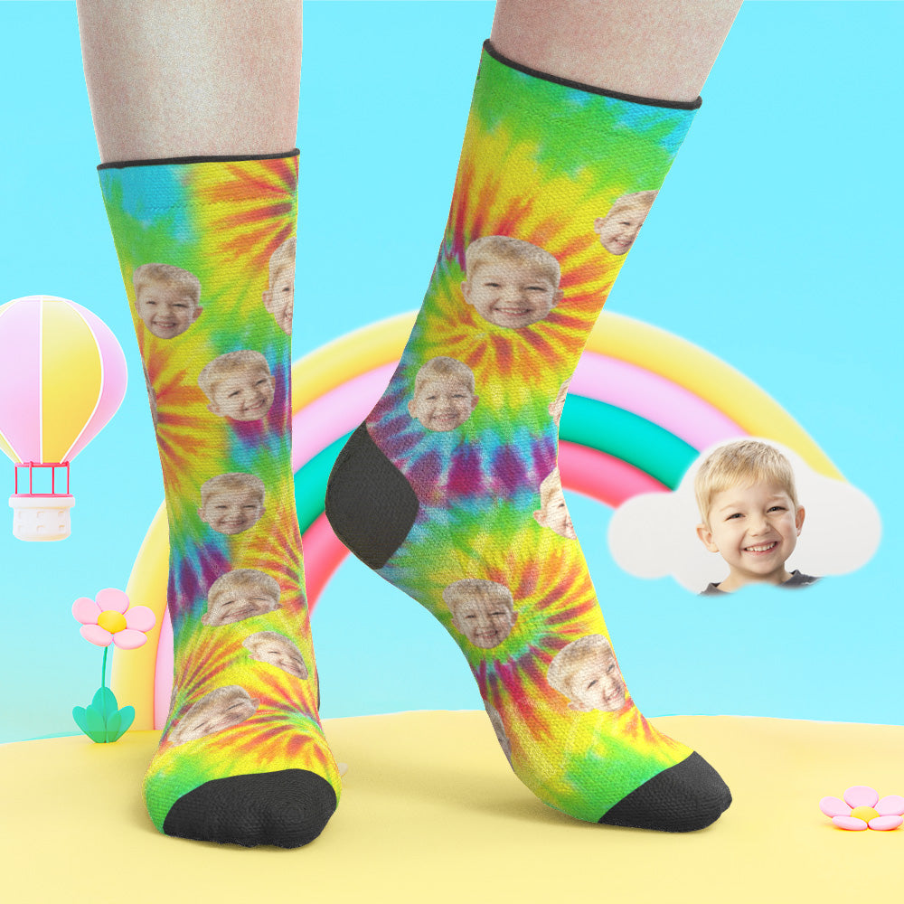 カスタム通気性フェイスソックス - 写真入れ可能なオリジナル靴下 - 絞染イエロー