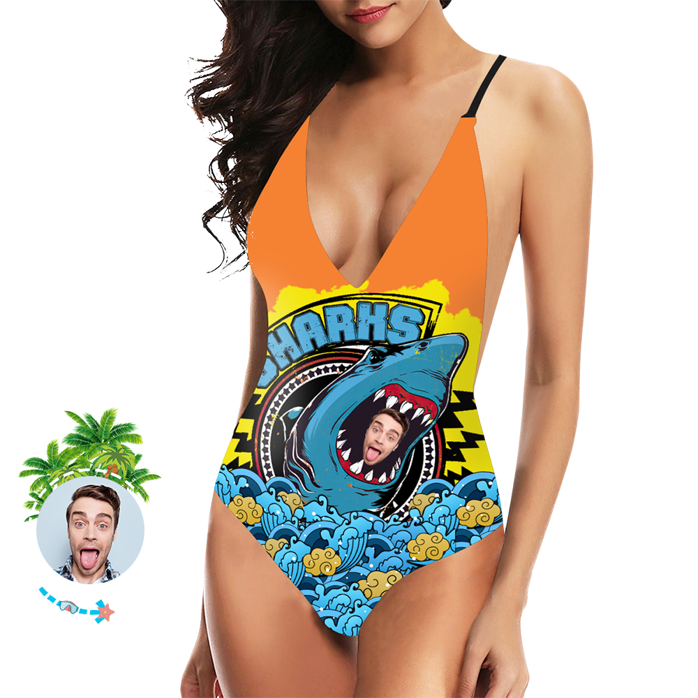 カスタムフェイス水着写真Vネックレディースワンピース水着口を開けたサメ夏服