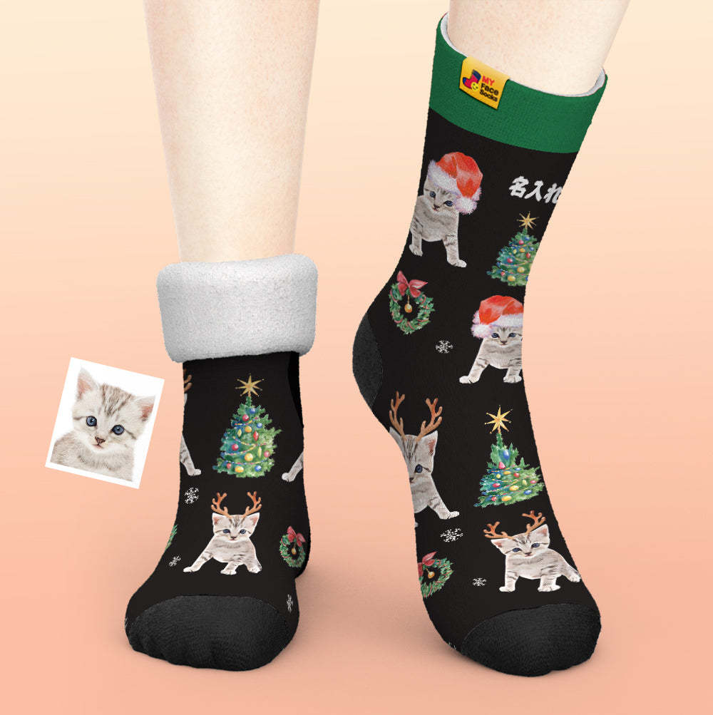 カスタム厚手フェイスソックス-写真入れ名入れ可能なオリジナル秋冬用暖かいクリスマス靴下プレゼント-サンタ帽子をかぶったかわいいネコ
