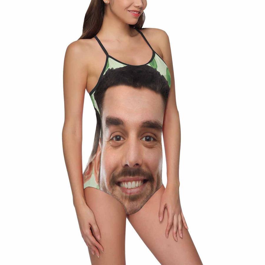 Custom Funny Face Green Background Women's Slip One Piece Swimsuit - MyFaceSocksAu