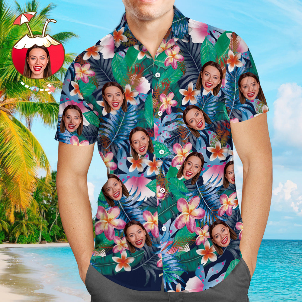 Custom Face Shirt Men's Hawaiian Shirt Personalized Photo Colorful Flowers Tshirts