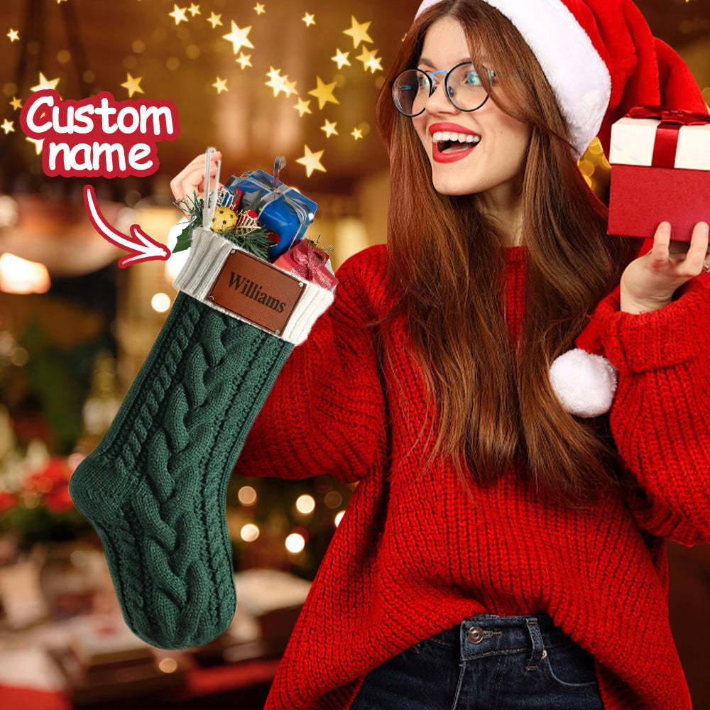 Personalized Christmas Stocking with Name Leather Patches Knitted Xmas Stockings Decoration-MyFaceSocksAu