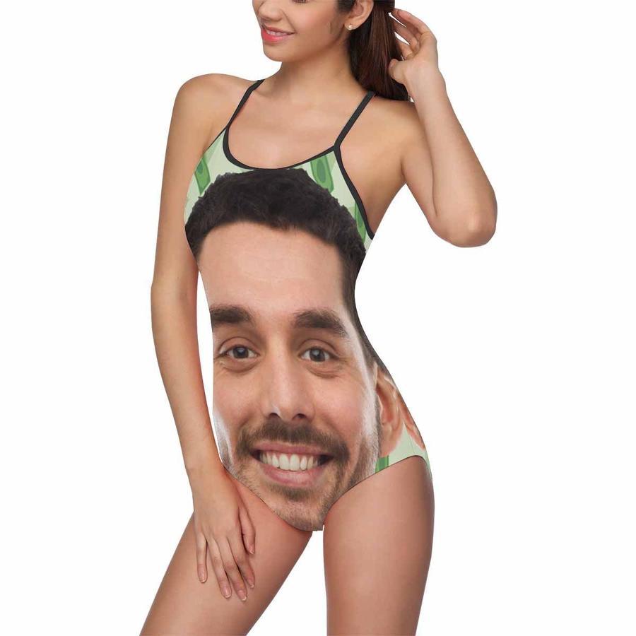 Custom Funny Face Green Background Women's Slip One Piece Swimsuit - MyFaceSocksAu