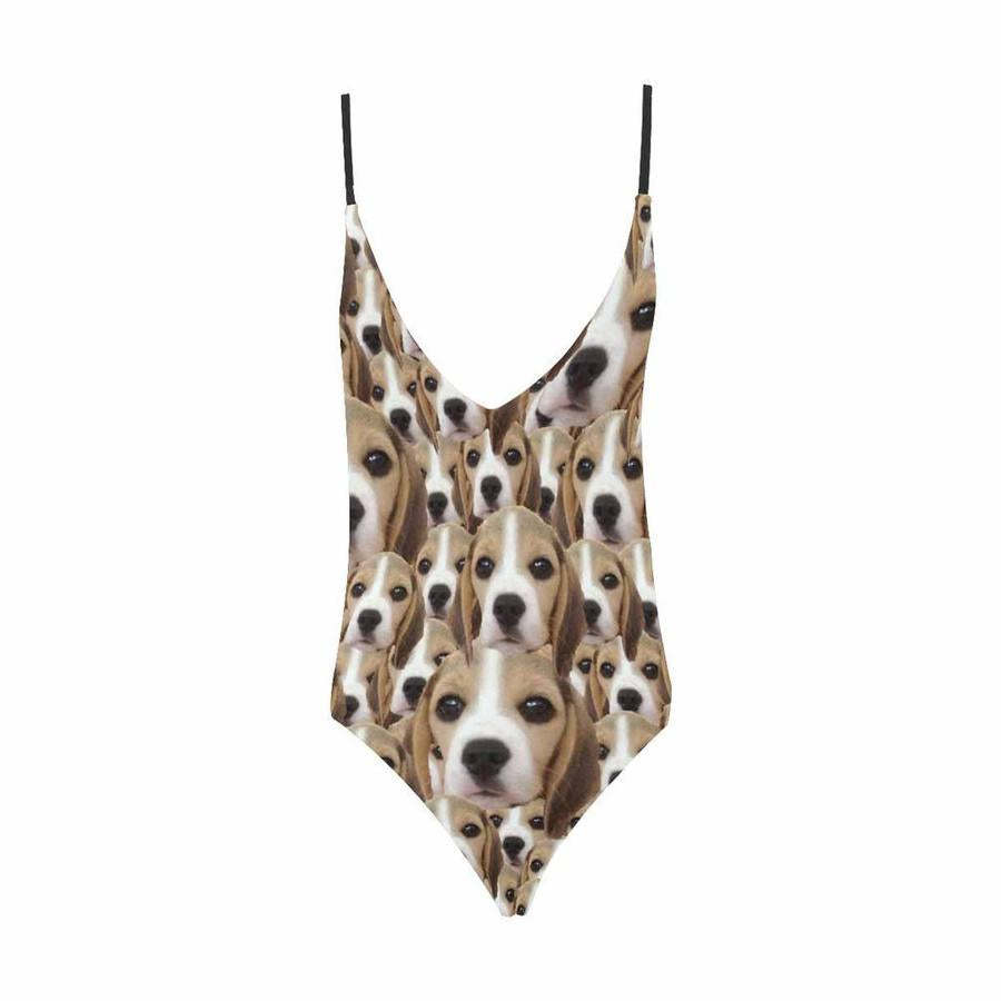 Custom Cute Dog Face V-Neck Women's One Piece Sexy Swimsuit - MyFaceSocksAu