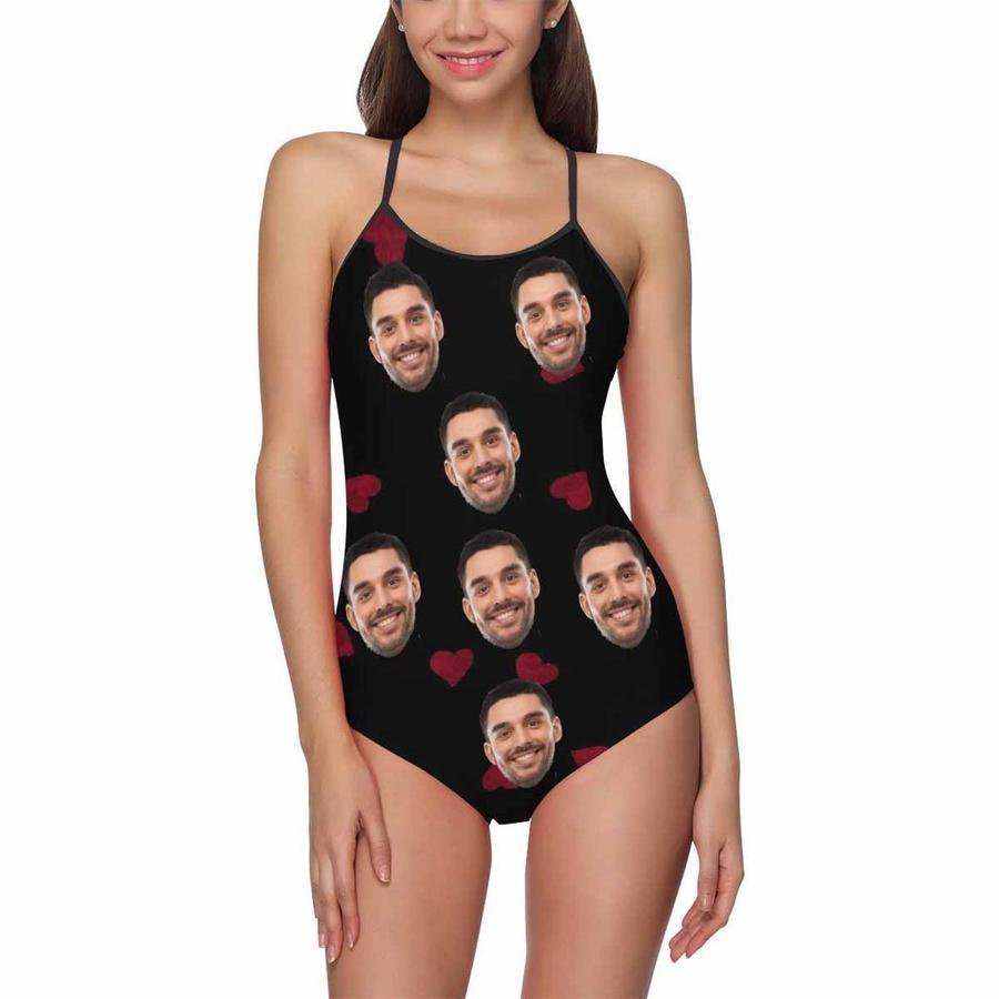 Custom Face Heart Women's Slip One Piece Swimsuit - MyFaceSocksAu