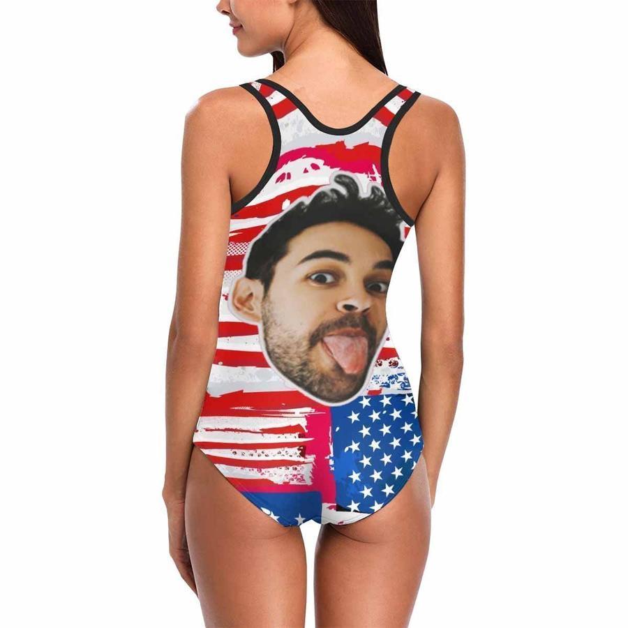 Custom Funny Face USA Flag Women's One Piece Swimsuit - MyFaceSocksAu