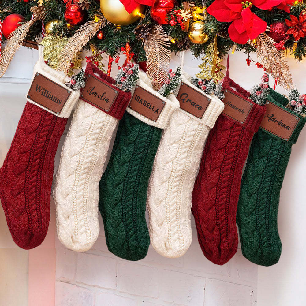 Personalized Christmas Stocking with Name Leather Patches Knitted Xmas Stockings Decoration - MyFaceSocksAu