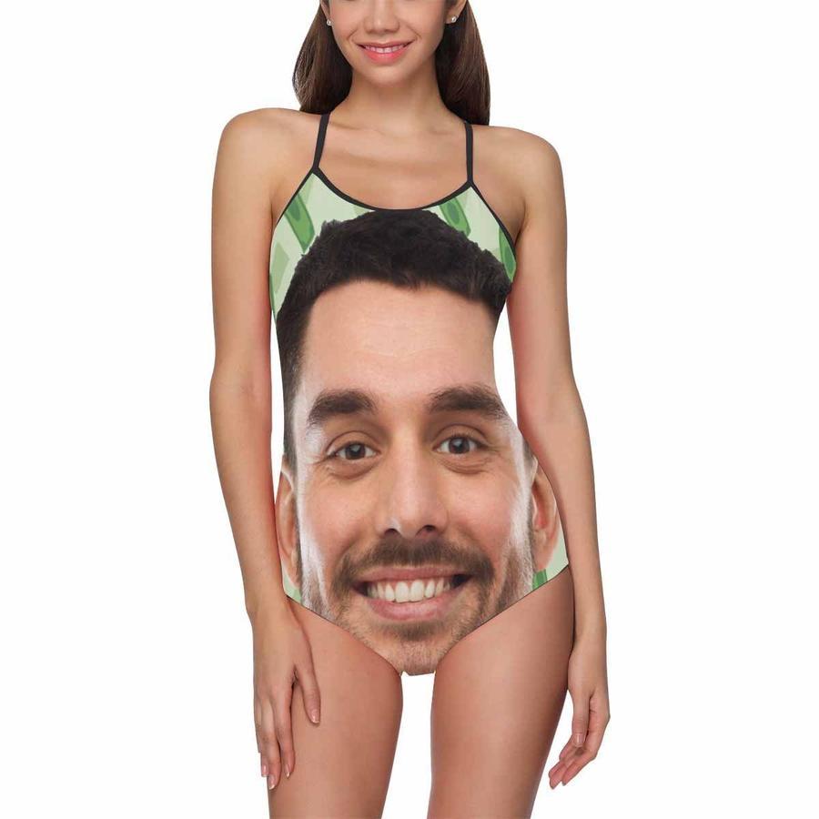 Custom Funny Face Green Background Women's Slip One Piece Swimsuit - MyFaceSocksAu
