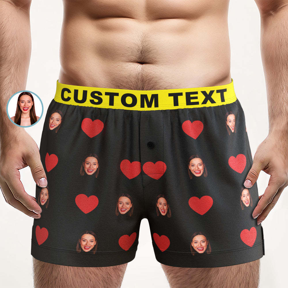 Custom Face Red Heart Design Boxer Shorts with Personalized Text on the Waistband Personalized Underwear for Him - MyFaceSocksAu