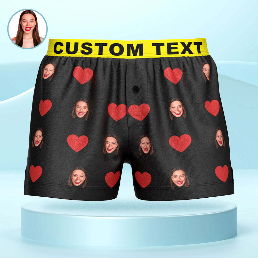 Custom Face Red Heart Design Boxer Shorts with Personalized Text on the Waistband Personalized Underwear for Him - MyFaceSocksAu