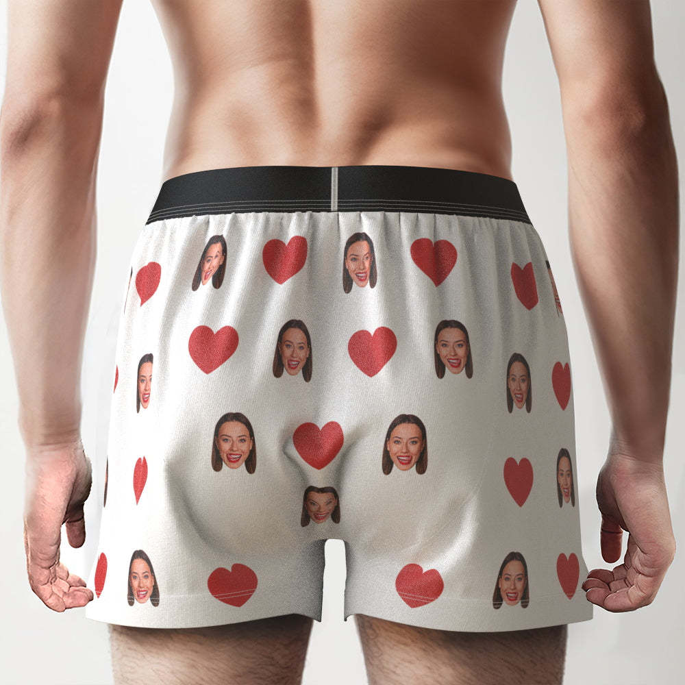 Custom Face Red Heart Design Boxer Shorts with Personalized Text on the Waistband Personalized Underwear for Him - MyFaceSocksAu