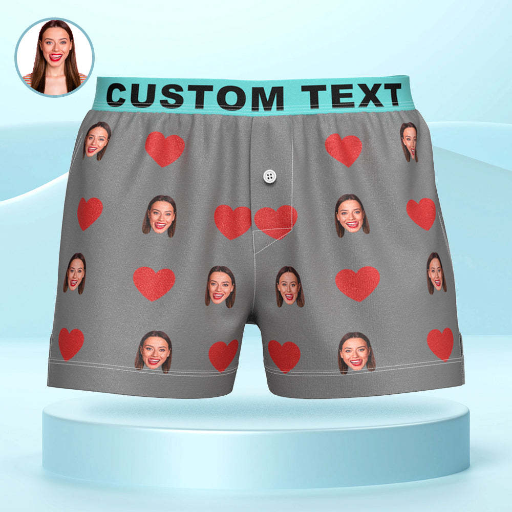 Custom Face Red Heart Design Boxer Shorts with Personalized Text on the Waistband Personalized Underwear for Him - MyFaceSocksAu